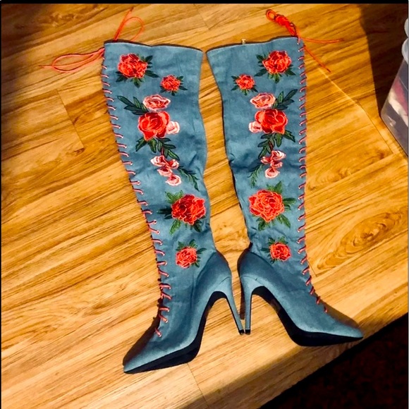 Fashion Nova Shoes - New Fashion Nova Over The Knee Denim Lace Up Boots